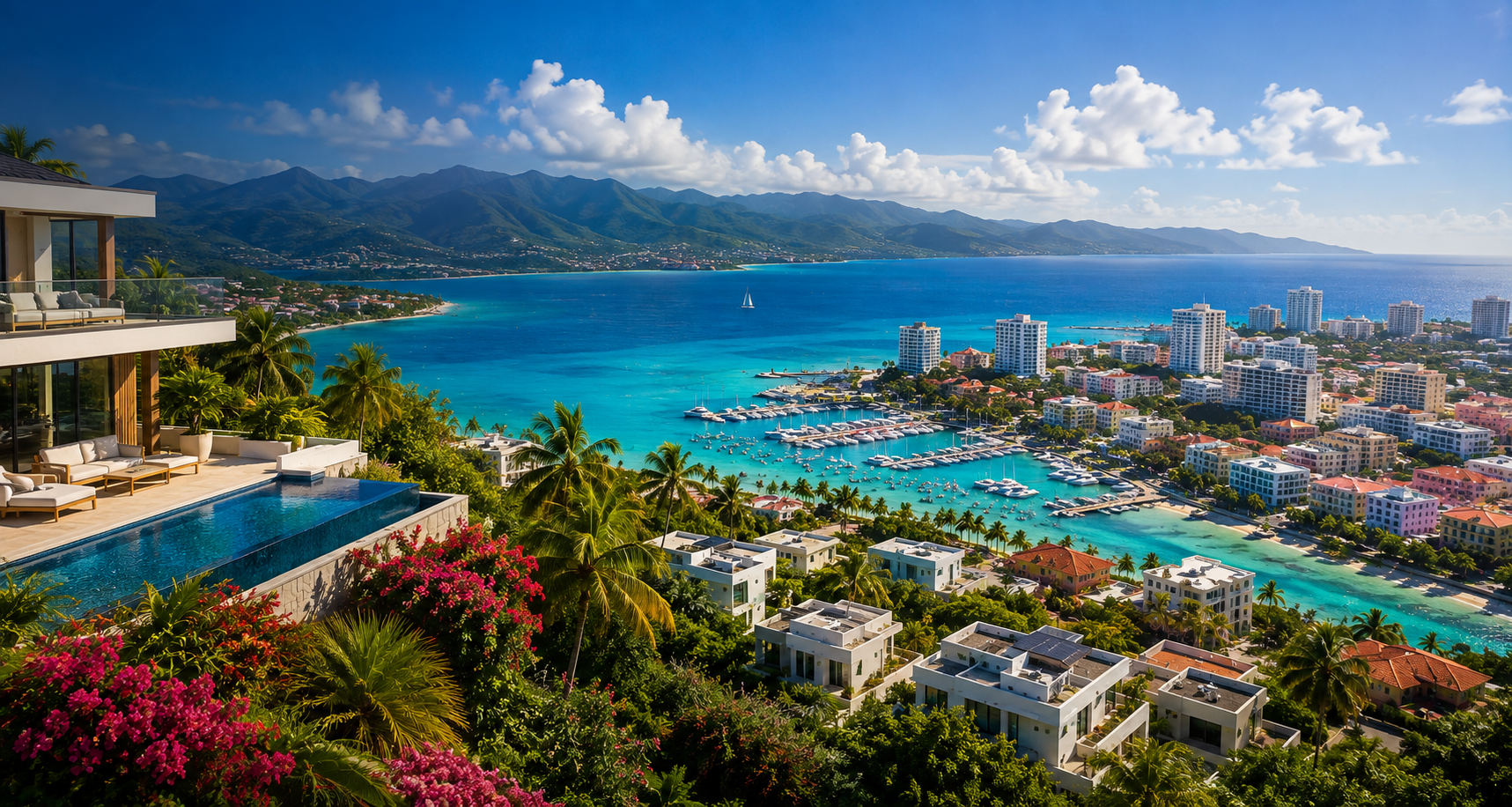 Contemporary Caribbean hillside residences overlooking a marina and turquoise coastline